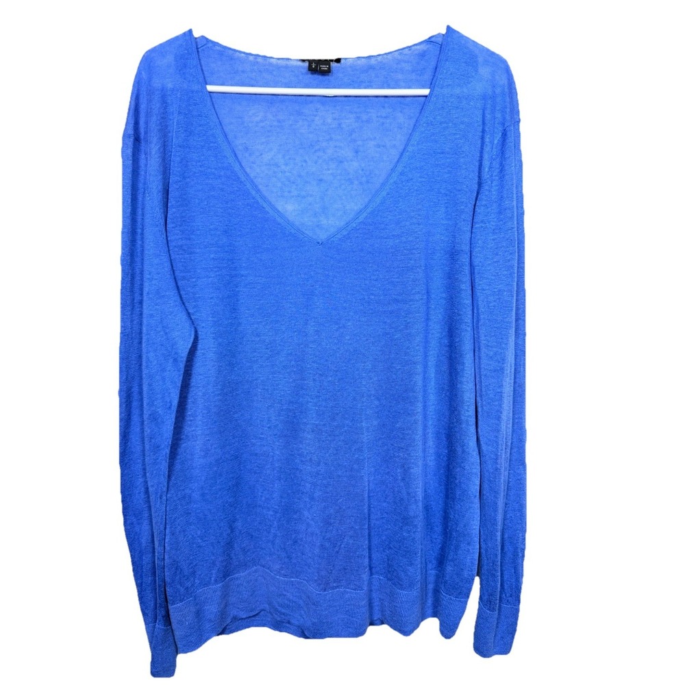 Theory V Neck Linen Blend Knit Sweater Blue Capsule Coastal Old Money Large